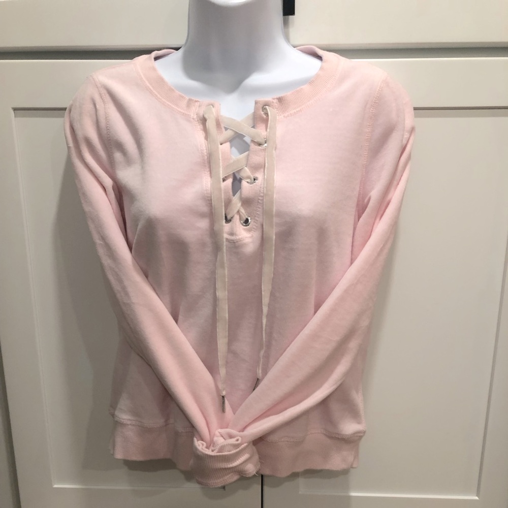 NWOT Betsey Johnson Performance Lace Up V Neck Light Pink  Velour Top Size Small